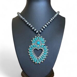 Turquoise and Silver Beaded Necklace with Heart Pendant